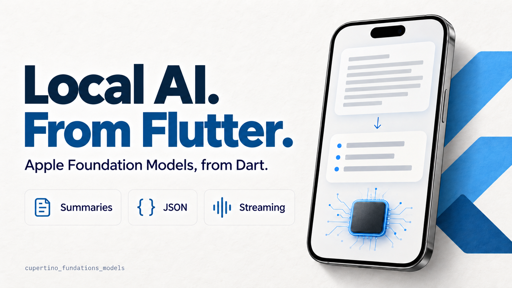 Local AI from Flutter: conceptual iPhone illustration with summary, JSON and streaming.